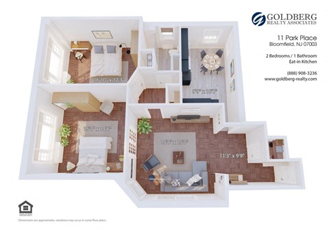 Floor plan for 2 beds, 1 bath, 1160 sqft